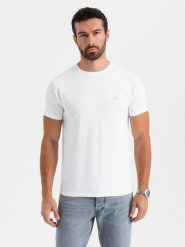 Męski t-shirt SLIM FIT z elastanem i printem – biały V2 OM-TSBC-0222 - XXL. Białe t-shirty Ombre Clothing, l, bez wzorów, z bawełny, bez kołnierzyka, bez ramiączek. W wyprzedaży za 39.99 zł.