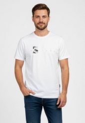 Biały t-shirt z printem, Comfort Fit, T-SPACER. Białe t-shirty Volcano, m, bez wzorów, z bawełny, bez kołnierzyka, bez ramiączek. Za 59.99 zł.