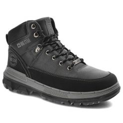 Trekkingi męskie Big Star, z trwałej skóry ekologicznej i materiału tekstylnego sznurowane z grubą podeszwą, czarne, KK174120. Czarne trekkingi BIG STAR, bez wzorów, ze skóry ekologicznej, za kostkę, bez zapięcia. Za 220.99 zł.