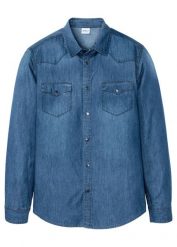 Koszula jeansowa z czystej bawełny organicznej, slim fit. Niebieskie koszule bonprix, m, bez wzorów, z bawełny, bez kołnierzyka, bez ramiączek. Za 109.99 zł.