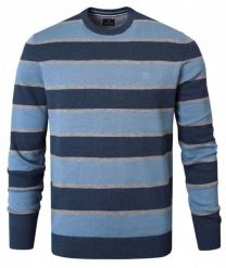 Bawełniany Sweter Męski, Okrągły Dekolt - Pako Jeans - Niebieski i Granat, Pasy. Niebieskie swetry rozpinane Pako Jeans, l, bez wzorów, z bawełny, bez kołnierzyka, bez ramiączek. Za 169.00 zł.
