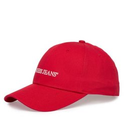 Czapka z daszkiem Guess Jeans. Czerwone czapki z daszkiem Guess Jeans, z aplikacjami, z jeansu. Za 79.99 zł.