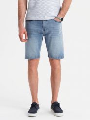 Denimowe męskie szorty o klasycznym kroju – jasnoniebieskie V2 OM-SRDS-0171 - XXL. Niebieskie szorty Ombre Clothing, l, z aplikacjami, z bawełny, klasyczne. W wyprzedaży za 119.99 zł.