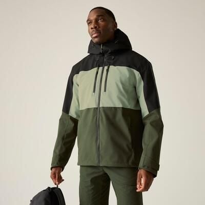 Męska wodoodporna kurtka z kapturem i panelami Maland II. Zielone kurtki Regatta, l, bez wzorów, z materiału, z kapturem. W wyprzedaży za 357.50 zł.