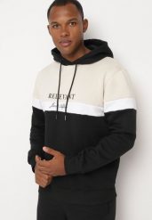 Czarno-Beżowa Bluza o Prostym Kroju z Kapturem Zdobiona Nadrukiem Bonilie. Czarne bluzy Born2be, l, z aplikacjami, z materiału, z kapturem. W wyprzedaży za 76.49 zł.