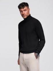 Męski dzianinowy dopasowany golf z wiskozą - czarny V1 - Rozmiar: L. Czarne golfy Ombre Clothing, l, bez wzorów, z dzianiny, bez ramiączek. W wyprzedaży za 79.99 zł.