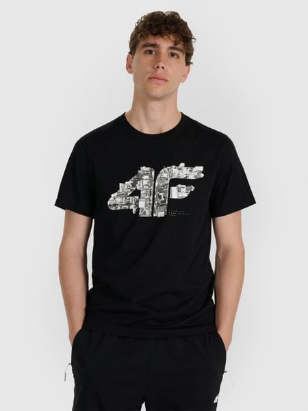 4F T-shirt regular z nadrukiem męski - czarny XXL. Czarne t-shirty 4F, m, bez wzorów, z bawełny, bez kołnierzyka, bez ramiączek. W wyprzedaży za 49.99 zł.