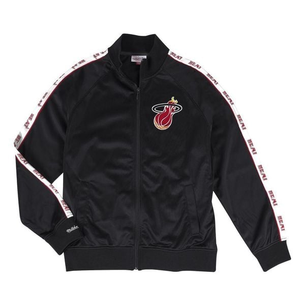 Kurtka dresowa Miami Heat. Czarne kurtki Mitchell & Ness, bez wzorów, z dresówki, bez kaptura. Za 362.00 zł.