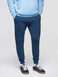 Spodnie męskie dresowe ze ściągaczem przy nogawce BASIC jogger - granatowe V4 - Rozmiar: S. Niebieskie joggery i bojówki Ombre Clothing, m, z aplikacjami, z bawełny. W wyprzedaży za 118.99 zł.