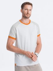 T-shirt męski bawełniany z reglanem - szaro-biały V2 S1623 - XXL. Szare t-shirty Ombre Clothing, l, z aplikacjami, z bawełny, bez kołnierzyka, bez ramiączek. W wyprzedaży za 29.99 zł.