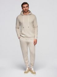 Męski bawełniany komplet dresowy bluza kangurka + spodnie joggery - jasnobeżowy V1 - Rozmiar: L. Brązowe joggery i bojówki Ombre Clothing, l, z aplikacjami, z bawełny, klasyczne. Za 339.99 zł.