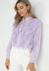 Fioletowa Koszula z Metaliczną Nitką i Falbanką Ruweyda. Fioletowe eleganckie półbuty Born2be, bez wzorów, z tkaniny, bez obcasa, bez zapięcia. Za 119.99 zł.