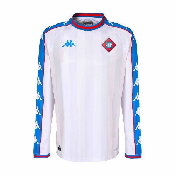 Koszulka trzecia z długim rękawem SM Caen 2024/25. Białe bluzki z długim rękawem Kappa, bez wzorów, bez kołnierzyka, bez ramiączek. W wyprzedaży za 337.05 zł.