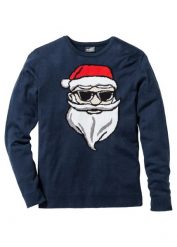 Sweter z bożonarodzeniowym motywem. Niebieskie swetry nierozpinane bonprix, l, bez wzorów, bez kołnierzyka, bez ramiączek. Za 109.99 zł.