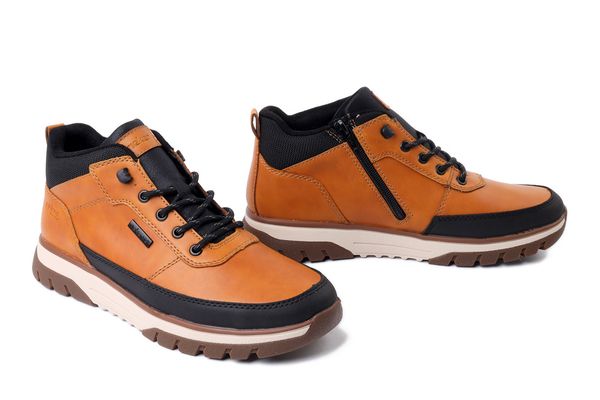 RIEKER TEX B9300-20 brown combination, trzewiki męskie. Brązowe botki sznurowane Rieker, bez wzorów, bez obcasa, bez zapięcia. Za 365.42 zł.