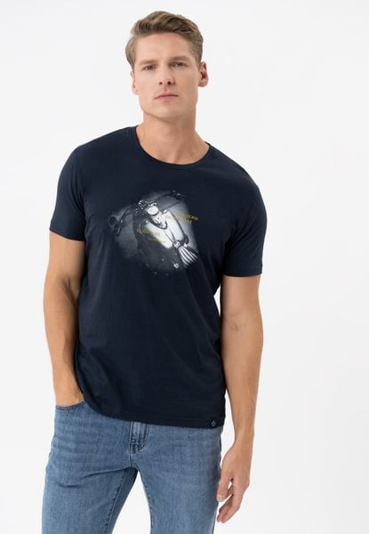 T-shirt z motocyklem T-MILE. Niebieskie t-shirty Volcano, l, bez wzorów, z bawełny, bez kołnierzyka, bez ramiączek. Za 59.99 zł.