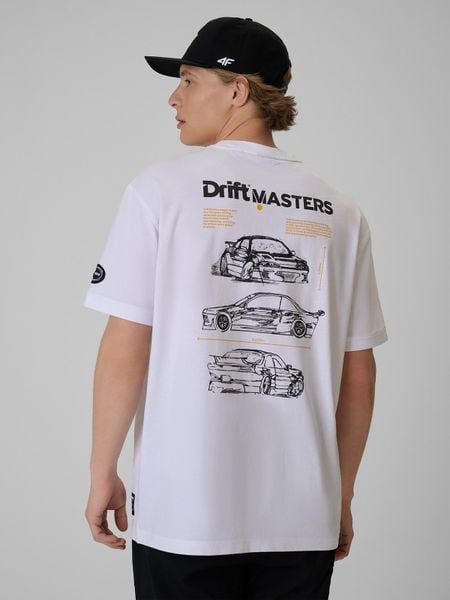 4F T-shirt loose z nadrukiem uniseks 4F x Drift Masters - biały M. Białe t-shirty 4F, bez wzorów, z bawełny, bez ramiączek. Za 119.99 zł.