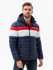 Kurtka męska trzykolorowa pikowana - granatowa V2 C551 - M. Niebieskie kurtki Ombre Clothing, m, bez wzorów, bez kaptura. W wyprzedaży za 139.99 zł.
