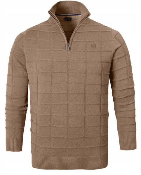 Elegancki Sweter Męski (Zamek) - Pako Jeans - Wysoki Dekolt, Kawa z Mlekiem. Swetry rozpinane Pako Jeans, l, bez wzorów, z bawełny, bez kołnierzyka, bez ramiączek. Za 195.00 zł.