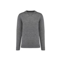 Sweter v-neck z merynosów Kariban Premium. Szare swetry nierozpinane KARIBAN, na zimę, m, bez wzorów, bez kołnierzyka, bez ramiączek. Za 305.50 zł.