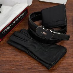 Zestaw prezentowy męski skórzany pasek portfel pudełko premium Beltimore Z48. Czarne portfele bez wzorów. Za 139.99 zł.