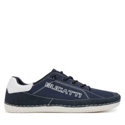 Półbuty Bugatti. Niebieskie eleganckie półbuty Bugatti, bez wzorów, bez obcasa, bez zapięcia. Za 189.99 zł.