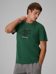4F T-shirt regular z nadrukiem męski - zielony XL. Zielone t-shirty 4F, bez wzorów, z bawełny, bez ramiączek, trekkingowe. Za 69.99 zł.