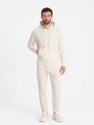 Męski dresowy komplet bluza kangurka + spodnie – kremowy V11 Z80 - XXL. Białe bluzy z kapturem Ombre Clothing, na co dzień, m, z aplikacjami, z bawełny, klasyczne. Za 131.99 zł.