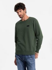Nierozpinana dresowa bluza męska z metalowym pinem – ciemnozielona V4 OM-SSNZ-0136 - XXL. Zielone bluzy Ombre Clothing, l, bez wzorów, z bawełny, bez kaptura. Za 95.99 zł.