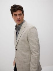 Marynarka slim fit w kratę - beżowy. Brązowe marynarki Reserved, l, bez wzorów, z elastanu. Za 359.99 zł.