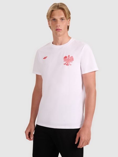 4F Koszulka kibica męska - biała S. Białe t-shirty 4F, m, bez wzorów, z bawełny, bez kołnierzyka, bez ramiączek. Za 49.99 zł.