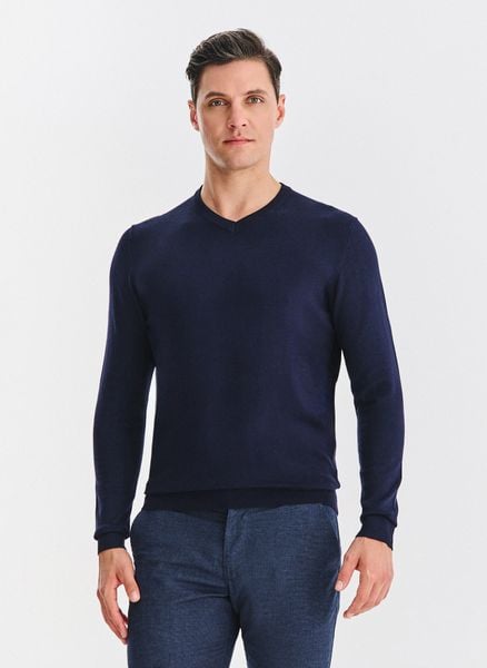 PAKO LORENTE - ranatowy sweter męski v-neck. Niebieskie swetry nierozpinane Pako Lorente, na jesień, m, bez wzorów, z nylonu, bez kołnierzyka, bez ramiączek. Za 99.99 zł.