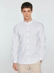 Lniana koszula męska ze stójką biała Janeiso 101. Białe koszule BIG STAR, l, bez wzorów, z bawełny, bez kołnierzyka, bez ramiączek. Za 249.99 zł.