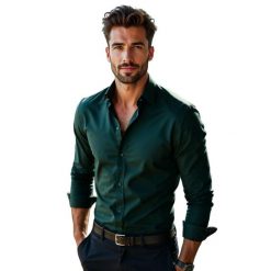 Ciemnozielona gładka koszula A69. Koszule Modini Moda Męska, m, bez wzorów, z bawełny, bez kołnierzyka, bez ramiączek. W wyprzedaży za 179.10 zł.