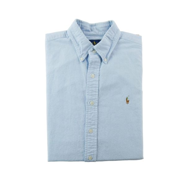 Second life - Klasyczne koszule męskie z kołnierzem na guziki - Stan dobry. Niebieskie sztyblety RALPH LAUREN, bez wzorów, bez obcasa, bez zapięcia. Za 164.76 zł.