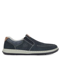 Półbuty Rieker. Niebieskie eleganckie półbuty Rieker, bez wzorów, bez obcasa, bez zapięcia. Za 289.99 zł.