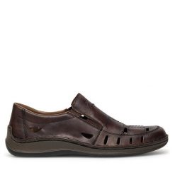 Półbuty Rieker. Brązowe eleganckie półbuty Rieker, bez wzorów, bez obcasa, bez zapięcia. Za 359.99 zł.