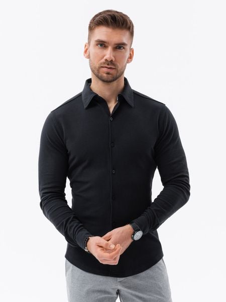 Koszula dzianinowa męska SLIM FIT z długim rękawem – czarna V4 - Rozmiar: L. Czarne koszule Ombre Clothing, l, bez wzorów, z bawełny, bez kołnierzyka, bez ramiączek. W wyprzedaży za 49.99 zł.