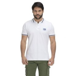 Leone Basic męska koszulka polo z kołnierzykiem. Białe koszulki polo LEONE 1947 APPAREL, m, bez wzorów, z bawełny, bez kołnierzyka, bez ramiączek. Za 105.21 zł.