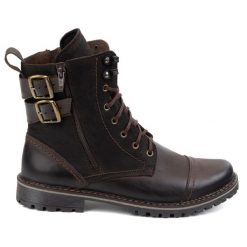 Olivier Buty męskie sztyblety militarne motocyklowe skórzane 83KZ brązowe. Brązowe botki sznurowane bez wzorów, bez obcasa, bez zapięcia. Za 453.66 zł.