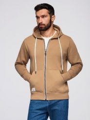 Bluza męska dresowa BASIC rozpinana z kapturem - brązowa V2 - Rozmiar: S. Brązowe bluzy Ombre Clothing, m, z aplikacjami, z bawełny, z kapturem. W wyprzedaży za 157.49 zł.