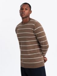 Męski sweter casualowy w poziome paski – brązowy V3 - Rozmiar: M. Brązowe swetry nierozpinane Ombre Clothing, m, z aplikacjami, z bawełny, bez kołnierzyka, bez ramiączek. W wyprzedaży za 79.99 zł.