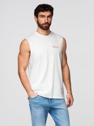 Męska bawełniana koszulka bez rękawów TANK TOP - biała V1 - Rozmiar: S. Białe bezrękawniki Ombre Clothing, m, bez wzorów, z bawełny, bez kołnierzyka, bez ramiączek. W wyprzedaży za 45.50 zł.