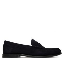 Półbuty BOSS. Niebieskie eleganckie półbuty Boss, bez wzorów, bez obcasa, bez zapięcia. Za 949.99 zł.