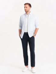 Męskie spodnie chino z ozdobną taśmą w pasie SLIM FIT – granatowe V2 - Rozmiar: S. Niebieskie eleganckie spodnie Ombre Clothing, na co dzień, m, bez wzorów, z bawełny, casualowe. W wyprzedaży za 179.99 zł.