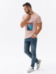 T-shirt męski z nadrukiem - różowy V15B - Rozmiar: XXL. Czerwone t-shirty Ombre Clothing, m, bez wzorów, z bawełny, bez kołnierzyka, bez ramiączek. W wyprzedaży za 29.99 zł.