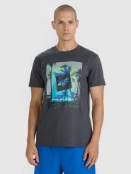 4F T-shirt regular z nadrukiem męski - szary L. Szare t-shirty 4F, l, bez wzorów, z bawełny, bez kołnierzyka, bez ramiączek. Za 59.99 zł.