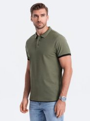 Męska bawełniana koszulka polo z kontrastowymi wykończeniami – oliwkowa V6 OM-POSS-0113 - XXL. Zielone koszulki polo sportowe Ombre Clothing, l, bez wzorów, z bawełny, bez kołnierzyka, bez ramiączek. Za 71.99 zł.