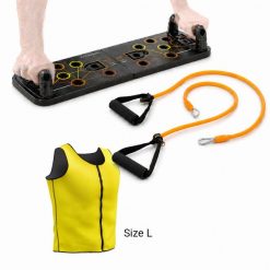 Zestaw deska do pompek, taśmy elastyczne i kamizelka sportowa Sauna InnovaGoods. Brązowe kamizelki sportowe innovagoods, l, bez wzorów, z gumy, bez kaptura, na fitness i siłownię. Za 200.99 zł.