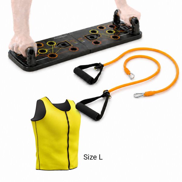 Zestaw deska do pompek, taśmy elastyczne i kamizelka sportowa Sauna InnovaGoods. Brązowe kamizelki sportowe innovagoods, l, bez wzorów, z gumy, bez kaptura, na fitness i siłownię. Za 200.99 zł.